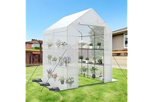 BTDWI 56*56*77'' Heavy Duty Greenhouse for Outdoors, Large Walk-in Green House with High Tunnel PE Cover & Irrigation Garden Sprinkler System for Winter, White