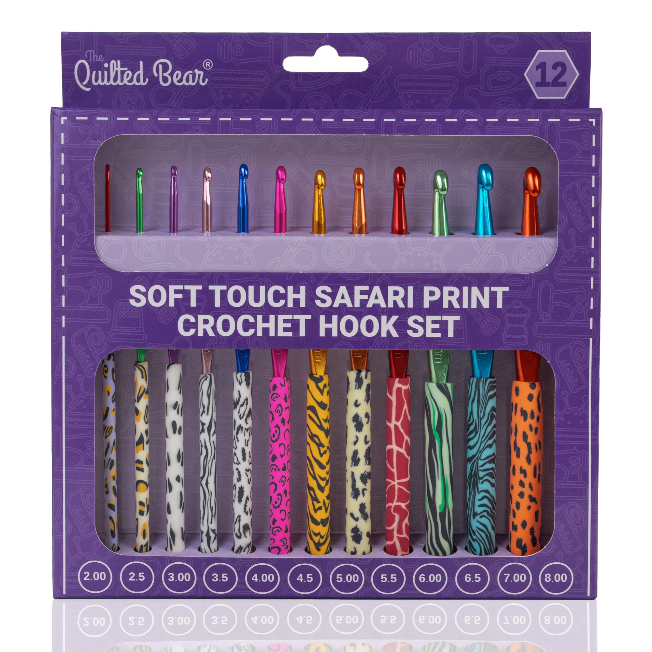 The Quilted Bear Safari Crochet Hook Set – 12 Premium Soft Grip Crochet Hooks with Ergonomic Polymer Clay Handles for Comfortable & Effortless Crocheting (2mm–8mm)