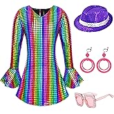 ZZIHAN 70s Disco Costume Outfit for Girls Bell Sleeve Sequins Dance Dress with Accessories Age 3-10