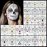 EMOME 21PCS Day of the Dead Face Tattoos Stickers for Women Men, Halloween Face Tattoos for Adults Kids, Skeleton Face Tattoo Sugar Skull Costume for Party Favor Decorations Supplies