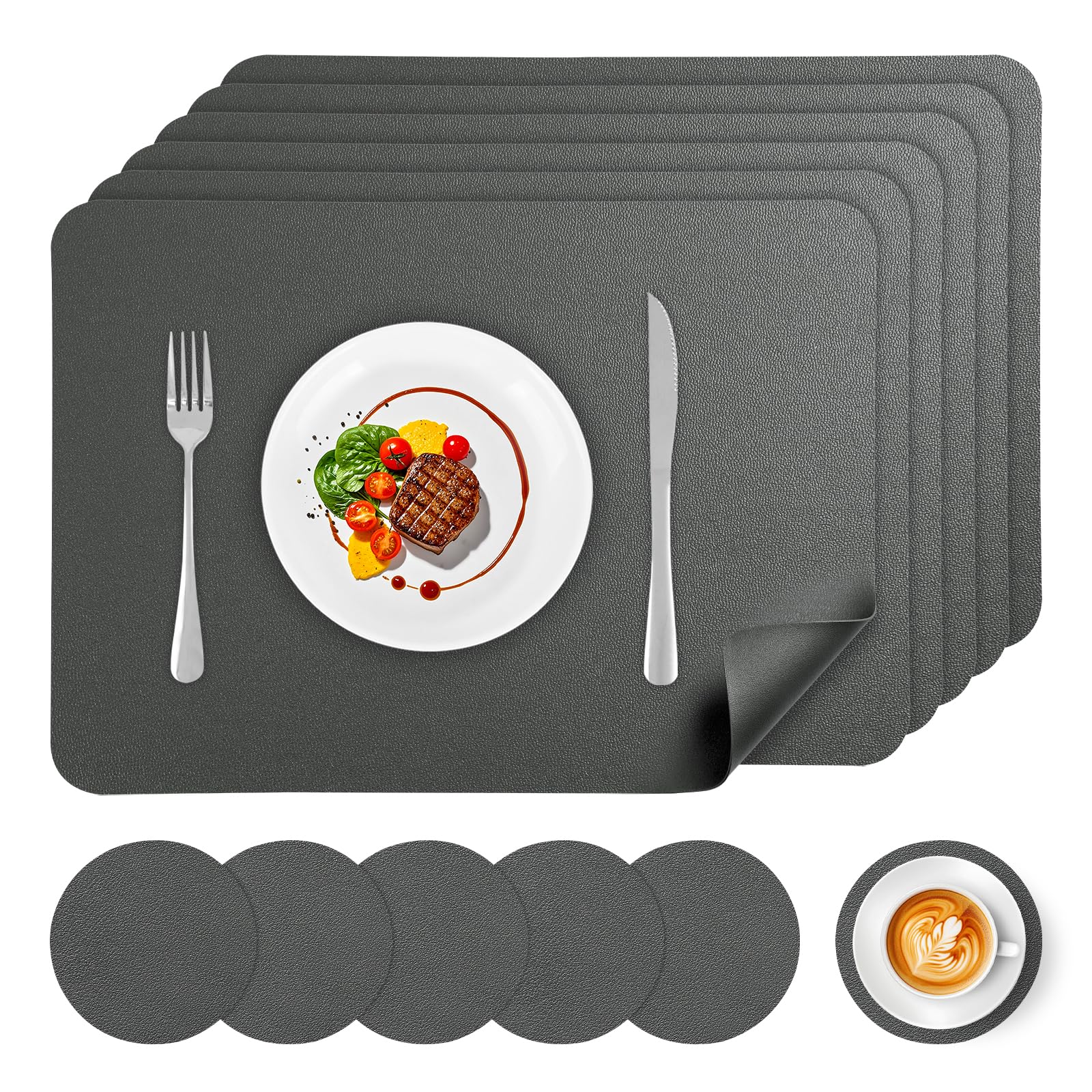 APLKER Faux Leather Placemats and Coasters Set of 6, Wipeable Waterproof Oil-Proof Heat Resistant Table Mats for Dining, Kitchen, Hotel, 16.9 x11.8 inches（Large Place Mats) - Grey
