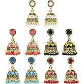idealway 4-6 Pairs Indian Jhumka Jhumki Drop Dangle Earrings for Women Mexico Gypsy Enamel Earrings Ethnic Style Golden Ball Pendant Earrings Female