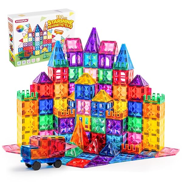 SYNCFUN 110PCS MAGNETIC BUILDING TILES – 3D MAGNET TILES WITH VEHICLE – CONSTRUCTION BLOCKS SET FOR KIDS – STEM SENSORY LEARNING EDUCATIONAL TOYS BIRTHDAY GIFT FOR 3 4 5 6 7 YEAR OLD