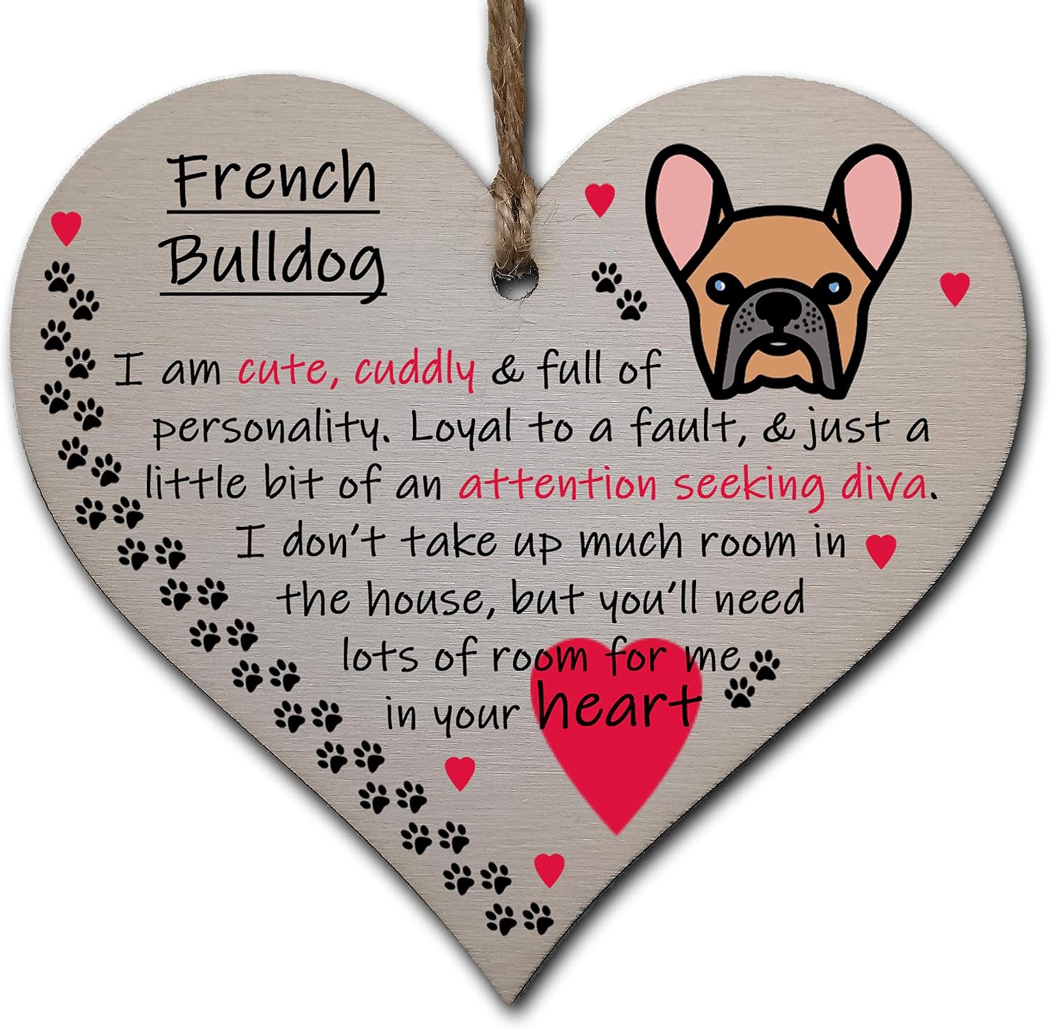 Handmade Wooden Hanging Heart Plaque Gift Perfect for Dog Lovers Pet Keepsake Novelty Decoration, Soft White, French Bulldog
