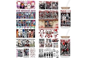 CIYAOO Halloween UV DTF Cup Wraps for 16 OZ, 12 Sheets Scary Movie Characters Transfer Stickers for Glass Cups, Halloween Rub on Transfers for Crafts, Waterproof Cup Decals, Horror UV DTF Stickers