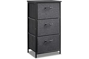 LAND·VOI Fabric Storage Drawer, 3 Drawers Nightstand, Removable Drawers Dresser for Bedroom, Office, Living Room and Hallway Entryway Closets, Steel Frame Wood Top, Easy Pull Handle, Black Grey