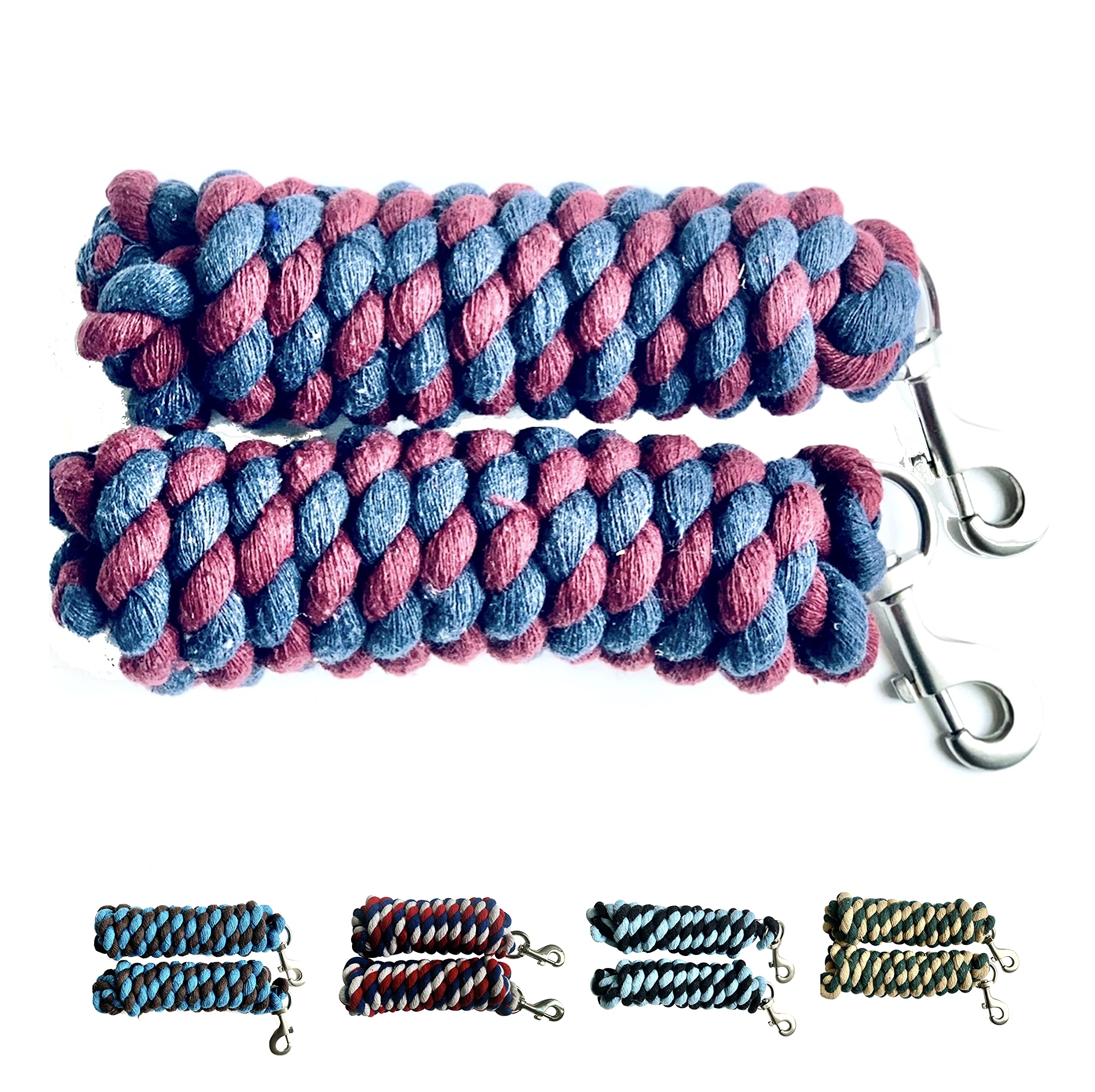 Majestic Ally Pack of 2 Solid Cotton Lead Rope for Horses & Livestock – 10 Foot Long and 5/8 inch Thick - Replaceable Heavy-Duty Satin Bolt Snap – Handmade – Soft, Broken in Feel (Navy -Burgandy)