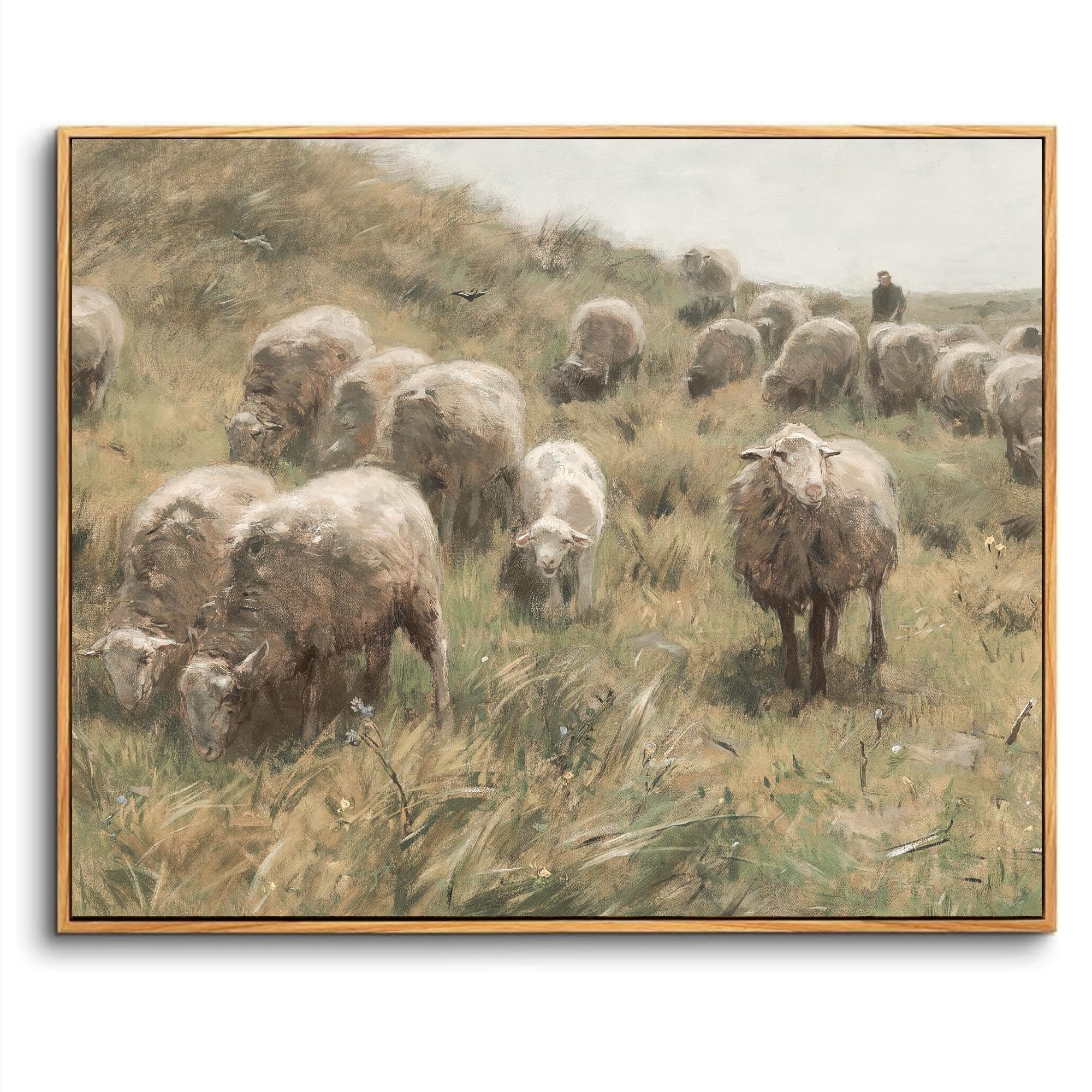 hyidecorart Wooden Framed Canvas Wall Art for Living Room, 20"x30" Sheep Herd Meadow Vintage Bedroom Decor Aesthetic, Modern Animal Paintings Artwork Wall Decorations for Bathroom Hallway Dining Room