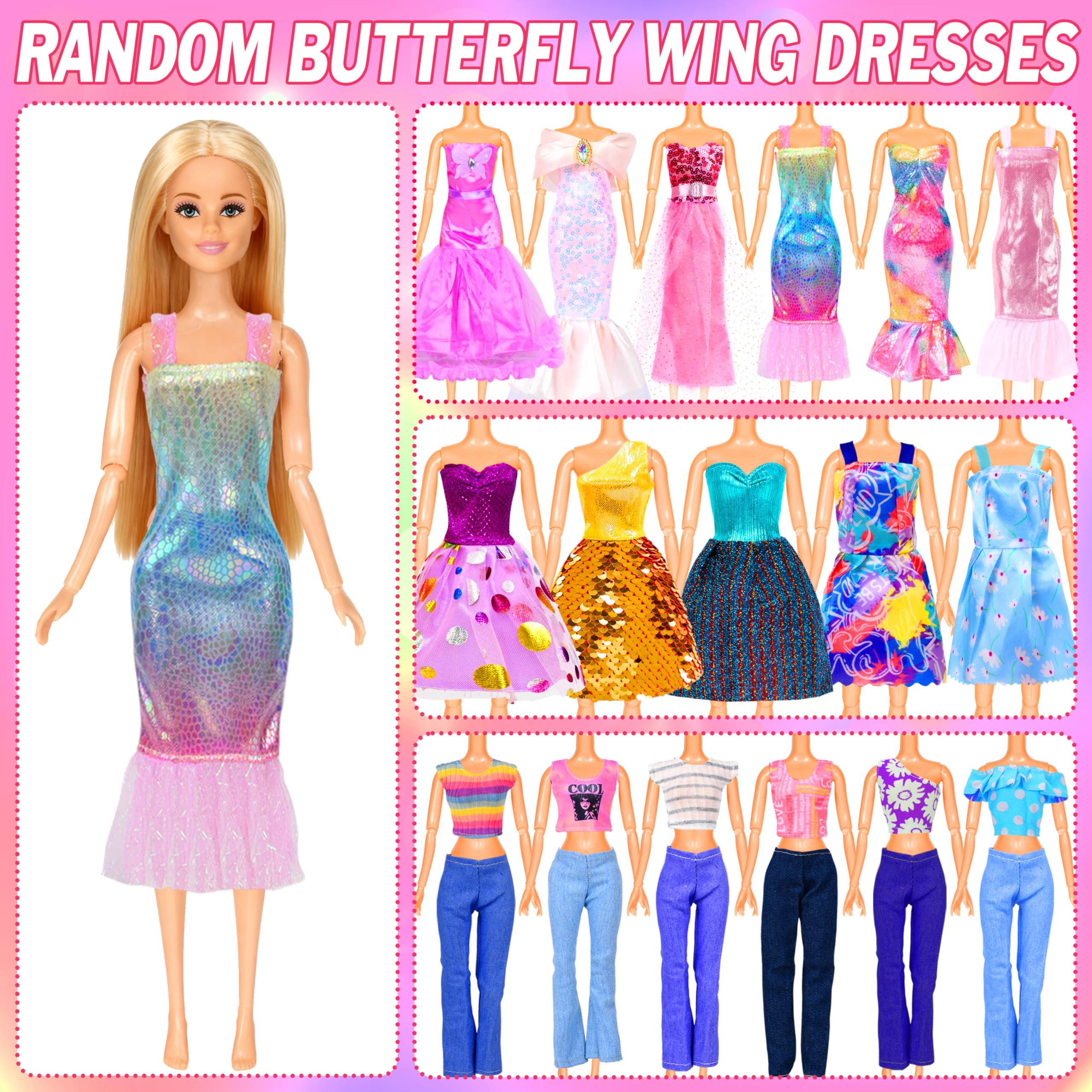 150 Pcs Doll Clothes and Accessories Playset with Dolls for Girls, Princess Gowns, Fashion Dresses, Swimsuits, Tops, Pants, Shoes, Bags Jewelrys in Closet for Doll Dress Up Fit for 11.5