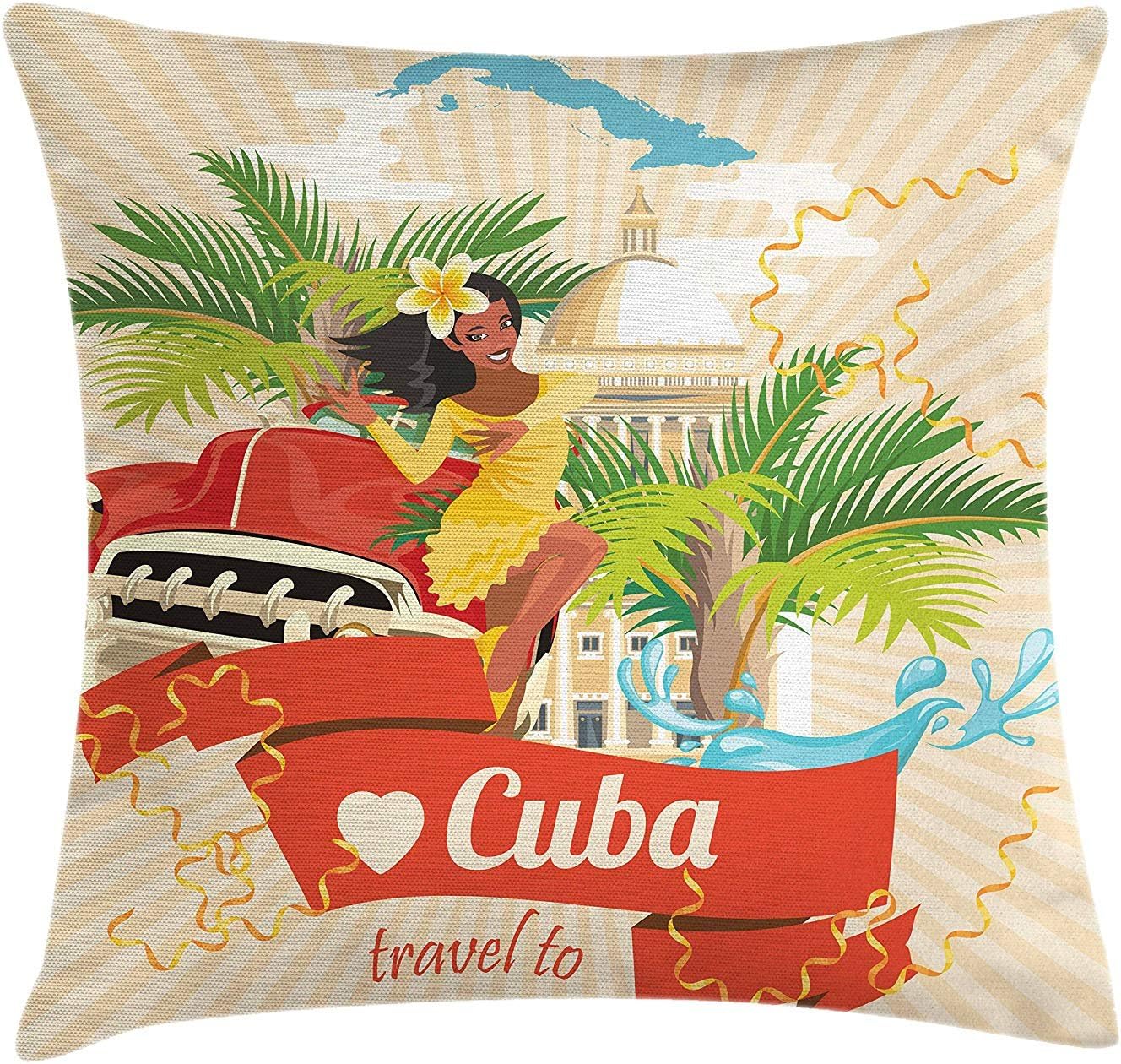Havana Throw Pillow Cushion Cover, Cuban Culture and Attractions Concept Smiling Local Lady on Classic Car among Palms, Decorative Square Accent Pillow Case, Multicolor24"