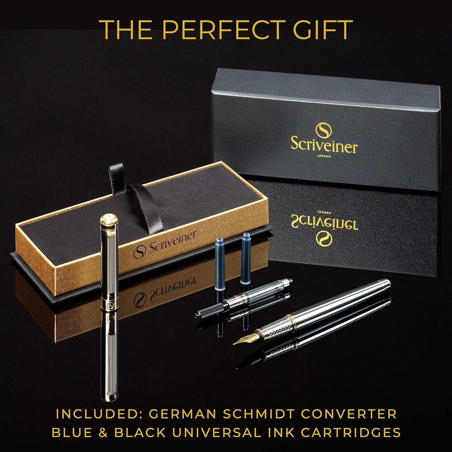 Scriveiner Silver Chrome Fountain Pen, Stunning Luxury Pen, Real Gold Plating, Schmidt Gilded Nib (Medium) - Image 4