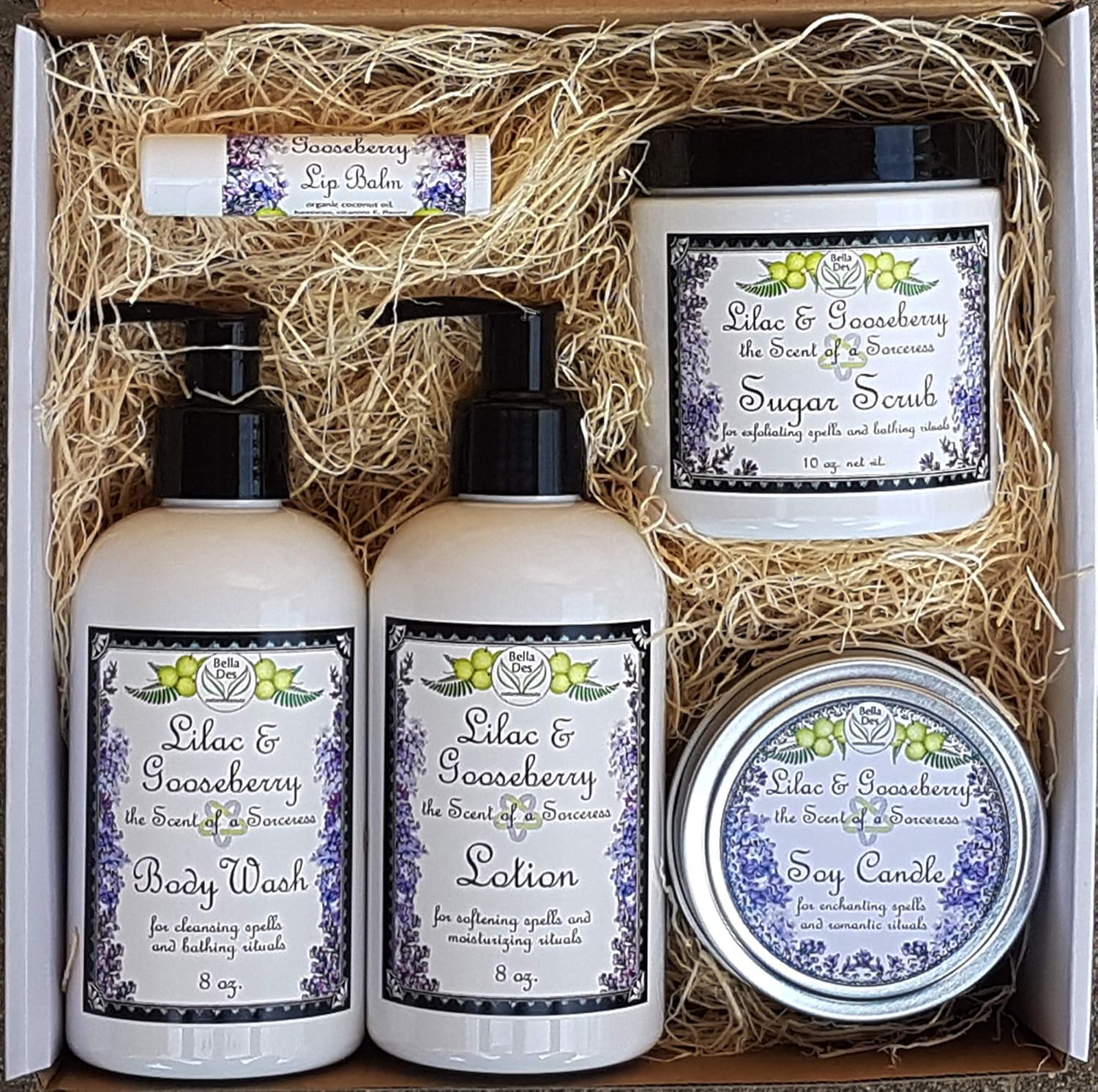Lilac and Gooseberry Gift Box Lotion, Body Wash, Scrub, Candle and Lip Balm Full