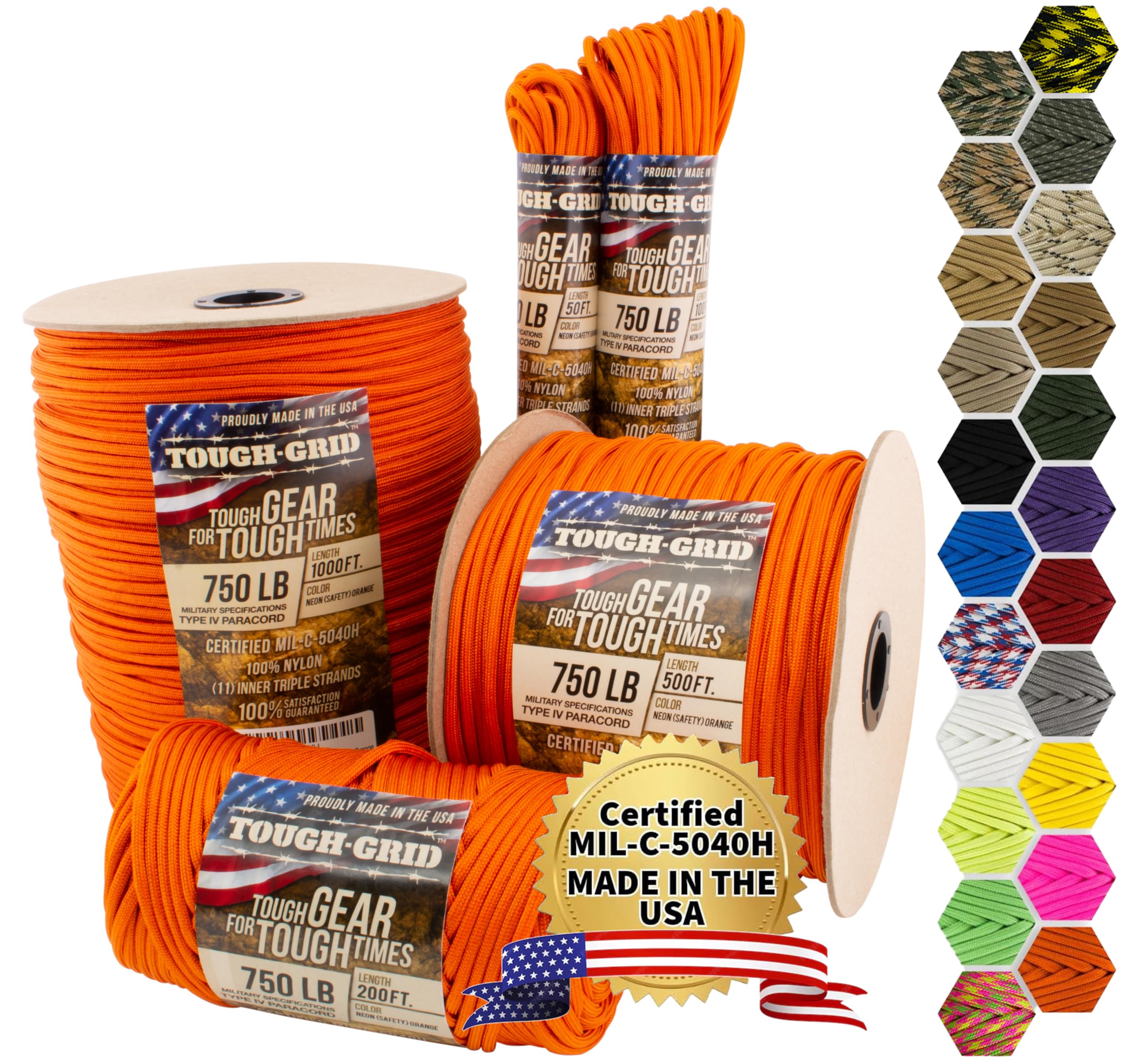 TOUGH-GRID PC100 750lb Paracord - 100% Nylon Military Specifications Type IV - For Military, Camping, Hammocks, Emergencies - Neon (Safety) Orange — image 1