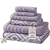 Modern Threads Oxford 6-Piece 100% Cotton Towel Set – Yarn Dyed Jacquard & Solid – Includes 2 Bath Towels, 2 Hand Towels, 2 Washcloths – Absorbent, Quick Dry, Soft & Durable – Lavender