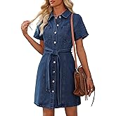 POTILI Denim Dress for Women,Short Sleeve Jean Dress Button Down Shirt Denim Dresses with Pocket 2025 Outfits