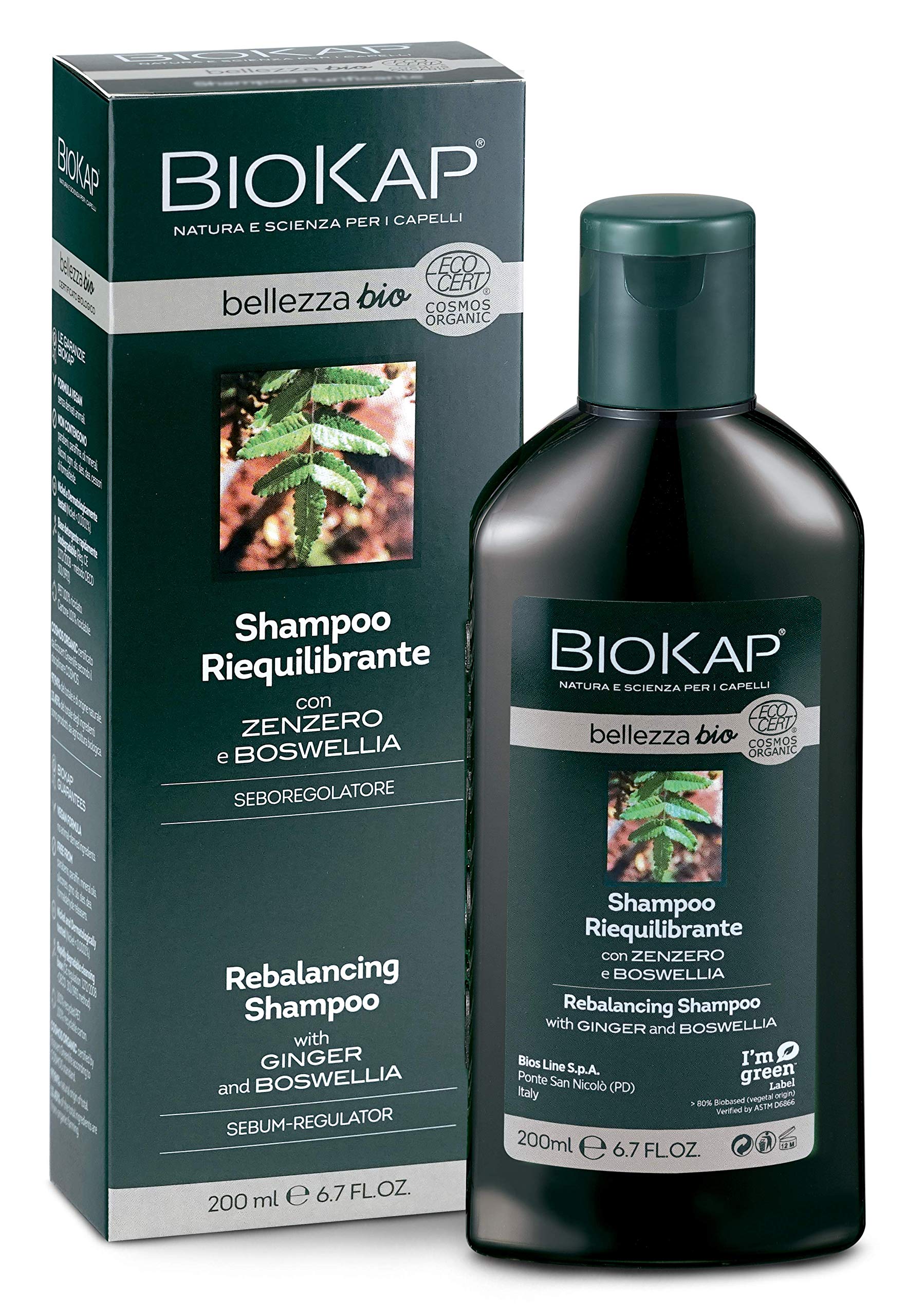 BIOKAP BELLEZZA Bio Rebalancing Balancing Shampoo 200 ml for a Balanced Scalp and Soft Hair - Complex of Ginger Boswellia and Red Grapes - Vegan