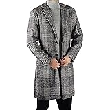 UANEO Men's Casual Notch Lapel Single Breasted Plaid Mid Long Trench Pea Coat