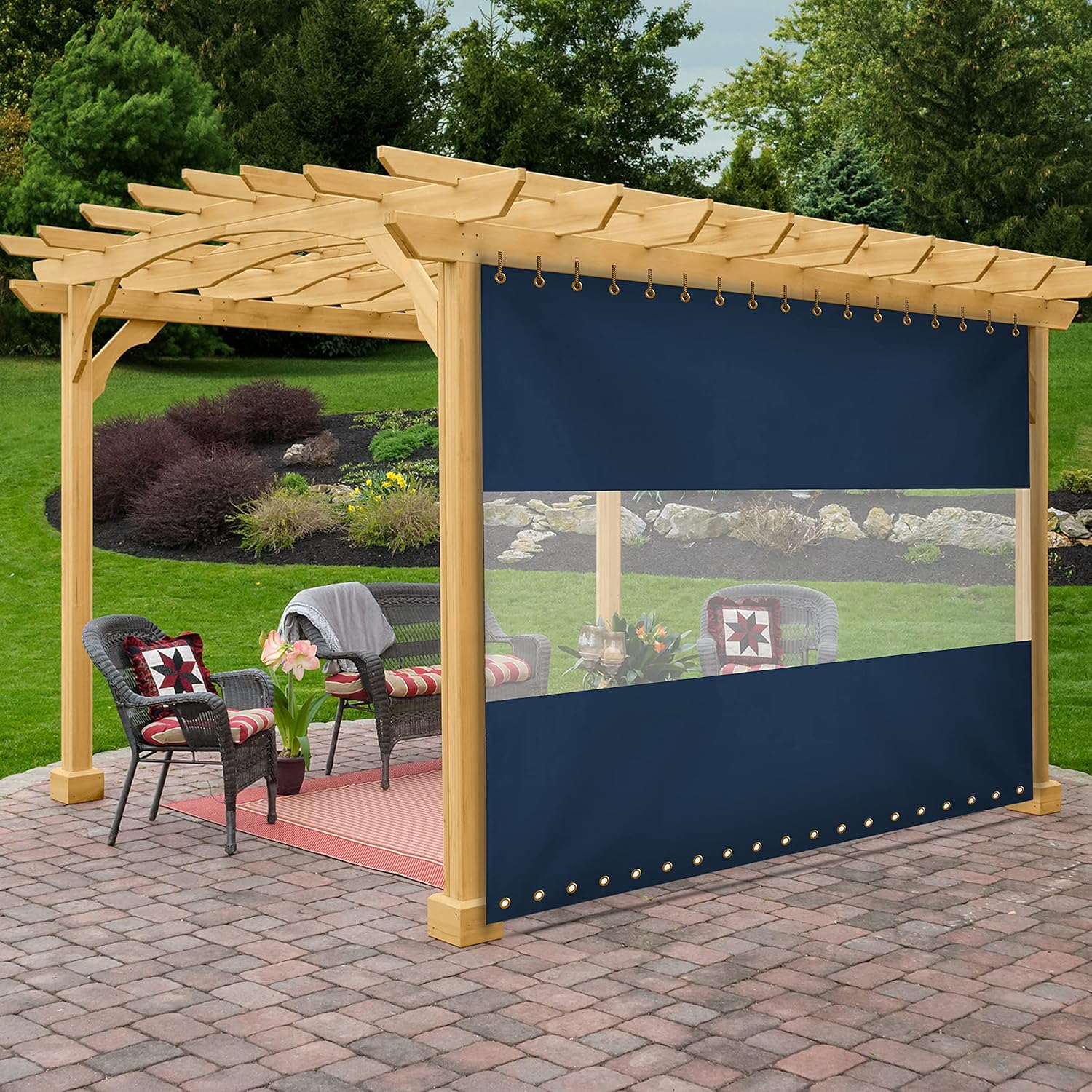 Outdoor Curtains - Covers & All Outdoor Clear Panel Curtain, 12 Oz Tarp Max Waterproof & UV Resistant with Rustproof Grommets, Ideal for Outdoors/Indoors (7' H x 10' W feet, Blue)