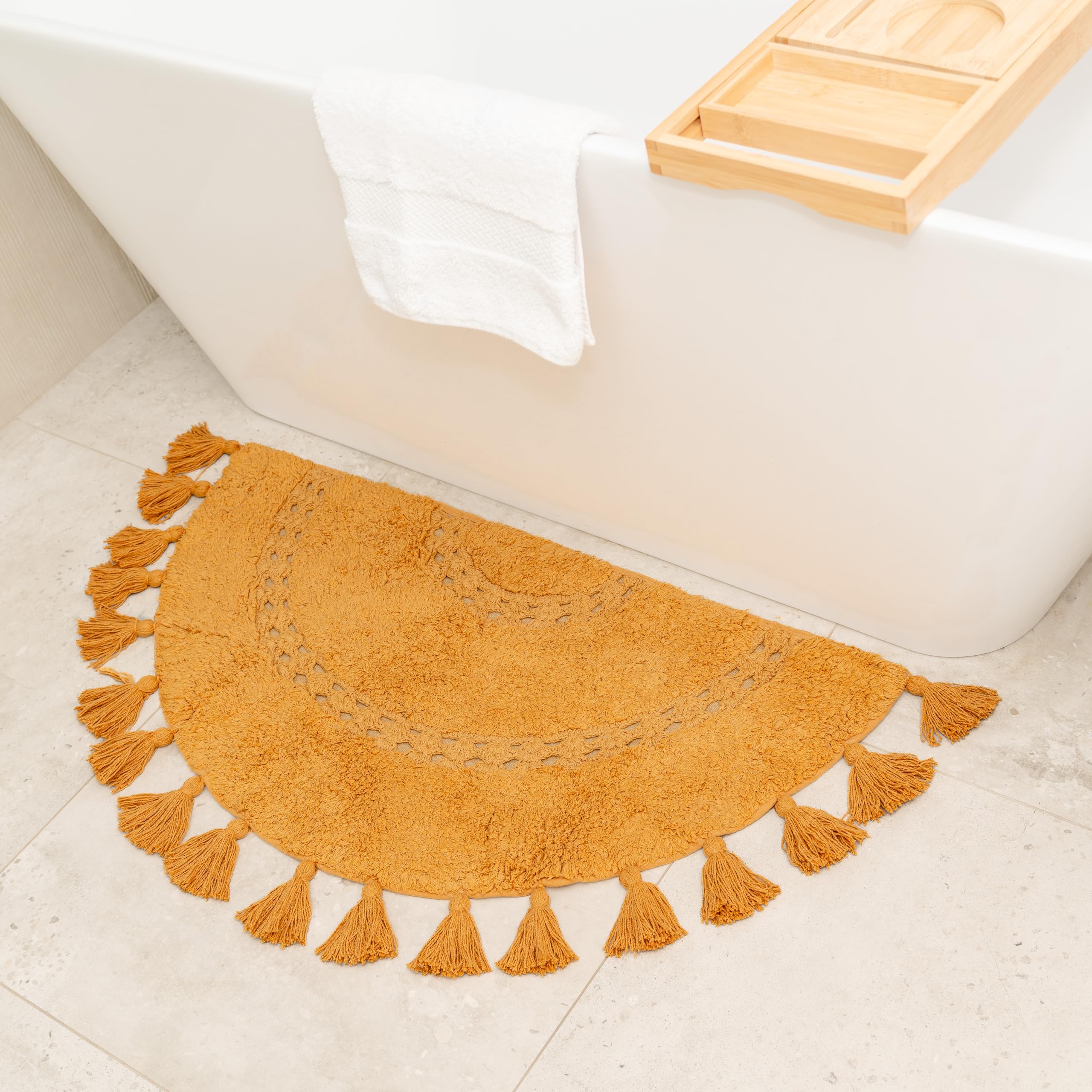 Photo 1 of Boho Bathroom Rugs - Half-Circle Cotton Rug with Crochet Insert, Tassels & Non-Slip Backing - Soft Bohemian Bath Mat for Bathroom, Bedroom or Entryway - Yellow Mustard 42x22