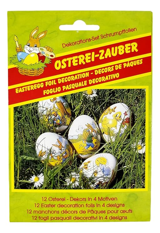 CharmingBoxes Osterei-Zauber Folien - für 12 Eier, 4 Motive - Ostern Dekoration Schrumpffolie Eierfolie, süße Dekore für Eier
