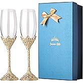 Jozen Gift Gold Champagne Flutes - Crystal Glass Metal Base With Crystal Stones, Set of 2 Toasting Flute Pair, Wedding Anniversary Party Birthday Banquets and Gifts for Bride and Groom (Gold)