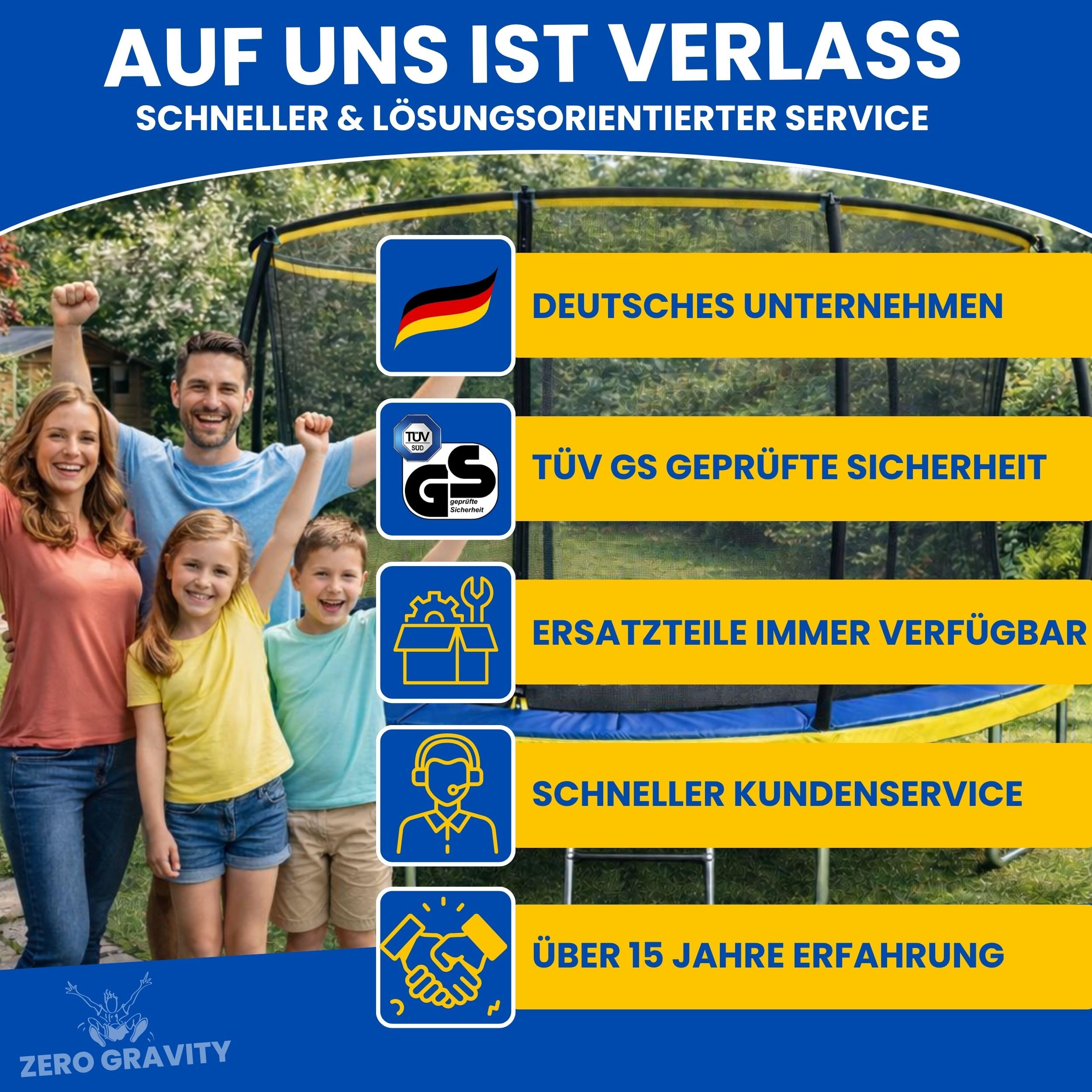 Zero Gravity Trampolin Outdoor Ø 183/244/305/366/427 cm, TÜV GS, Smartes Klappnetz für schnellen Auf- und Abbau, Outdoor Trampolin Komplett-Set inkl. Leiter, Aufbauvideo, Ultima 4 6