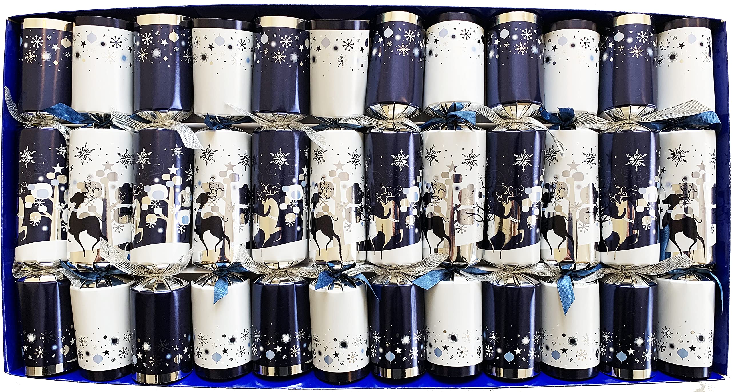 Family Christmas CrackersThe Snowy Forest at Midnight Design in Navy and Silver, set of 12