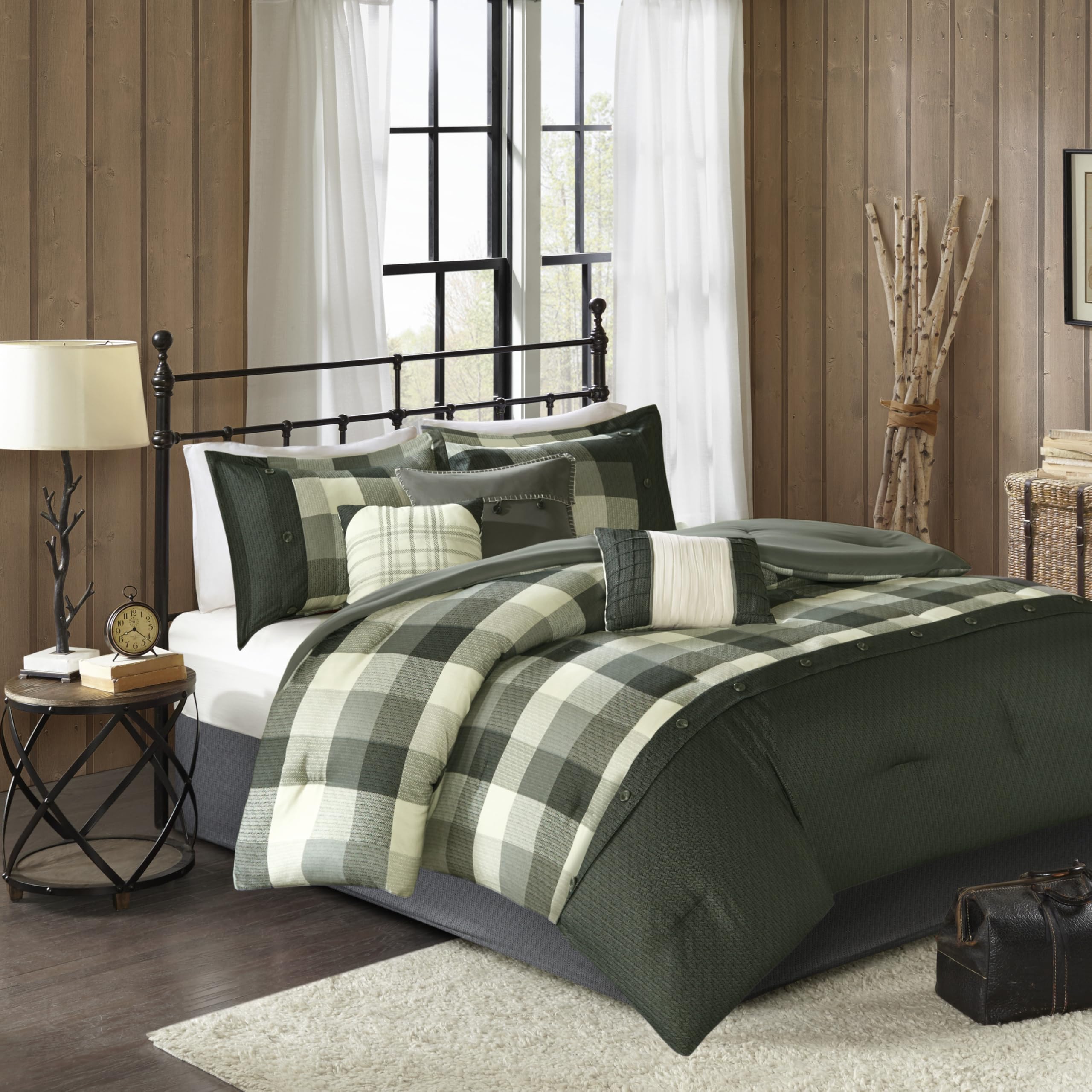 Madison Park Ridge Comforter Set - Cabin Lodge Plaid Herringbone Design, All Season Down Alternative Cozy Bedding with Matching Bedskirt, Shams, Decorative Pillow, Grey King(104"x92") 7 Piece Image