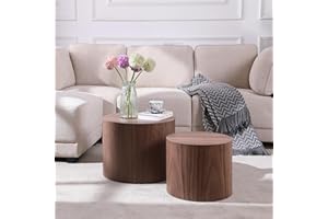 Vanress Nesting Coffee Table Set of 2, Round Coffee Table End Table Wood Circle Drum Coffee Table Contemporary Living Room End Table for Small Space Living Room (Walnut)