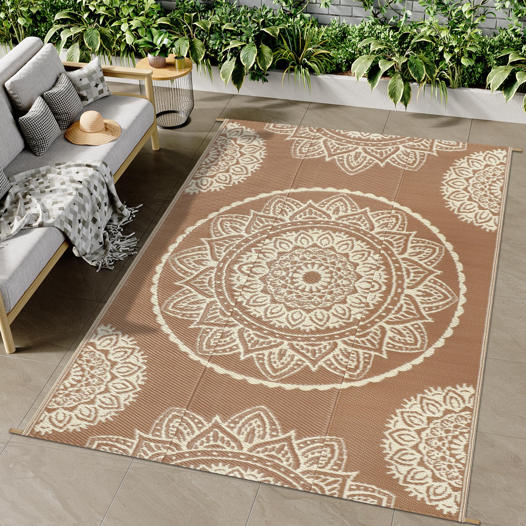 Famibay Outdoor Rug Waterproof Plastic Straw Garden Rugs Reversible Outdoor Rug 120 x 180 cm Patio Carpet UV Resistant Portable Indoor Area Rug for RV Balcony Picnic Brown Beige