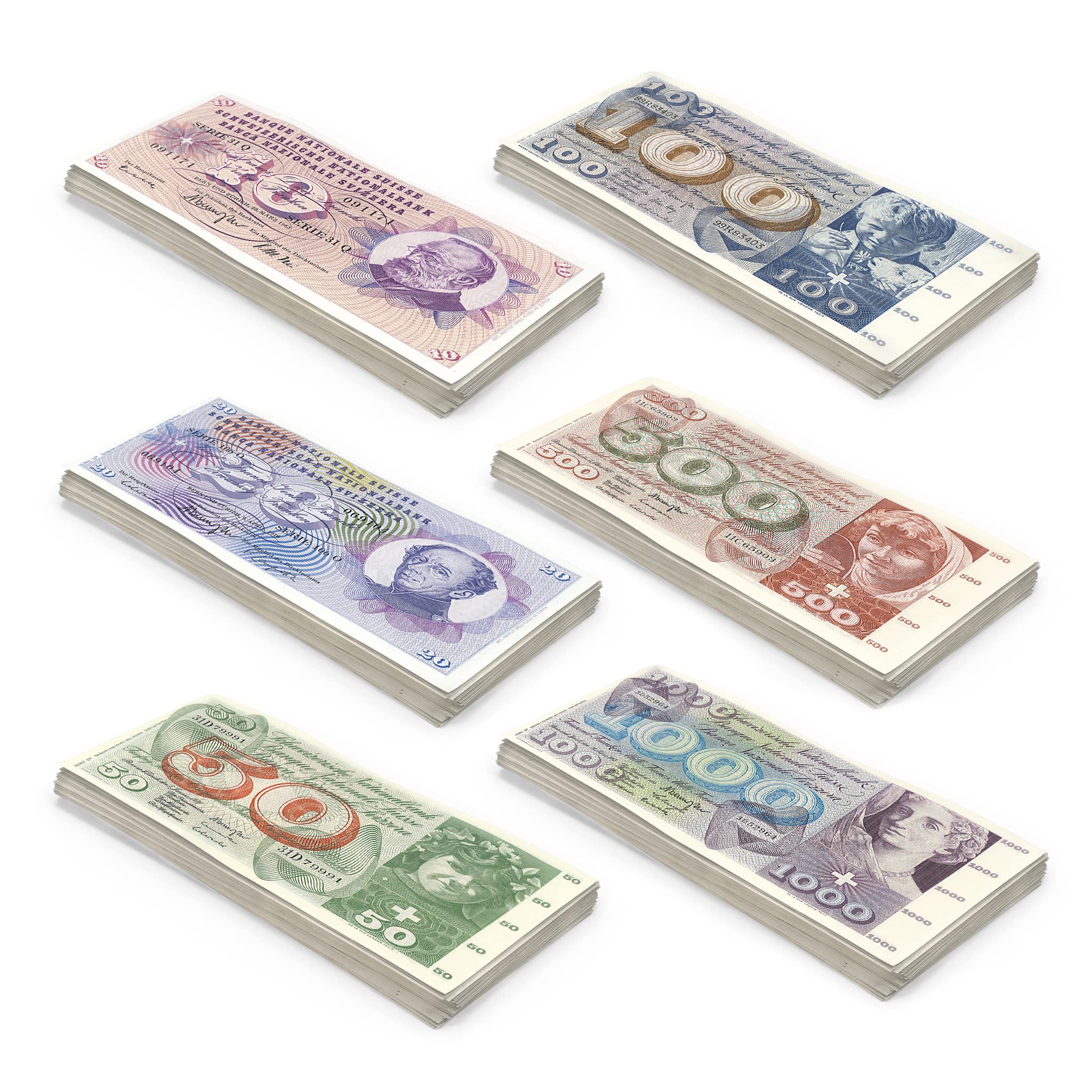 Scratch Cash Bundle Swiss Francs Fifth Series Money for Playing - 6 wads 25 x 10, 20, 50, 100, 500 and 1000 (Royal Size)