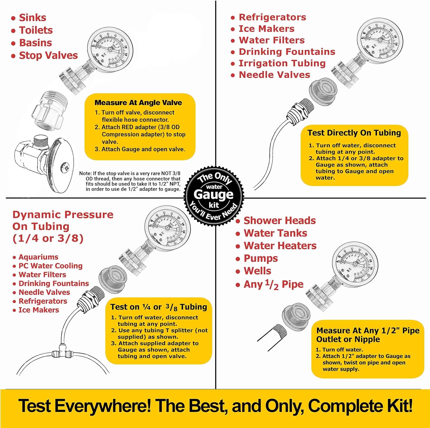 Flow Doctor Water Pressure Gauge Kit, All Purpose, 6 Parts Kit, 0 to 200 Psi, 0 to 14 Bars, Standard 3/4" Female Garden Hose Thread Plus 5 Adapters to Test in Multiple Locations Indoors and Outdoors : Garden & Outdoor