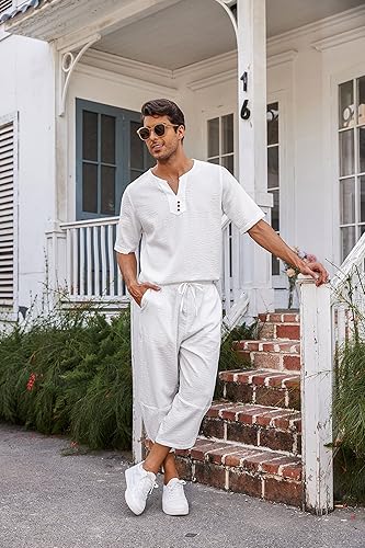 COOFANDY Men's Pieces Linen Set Henley Shirt Short Sleeve and