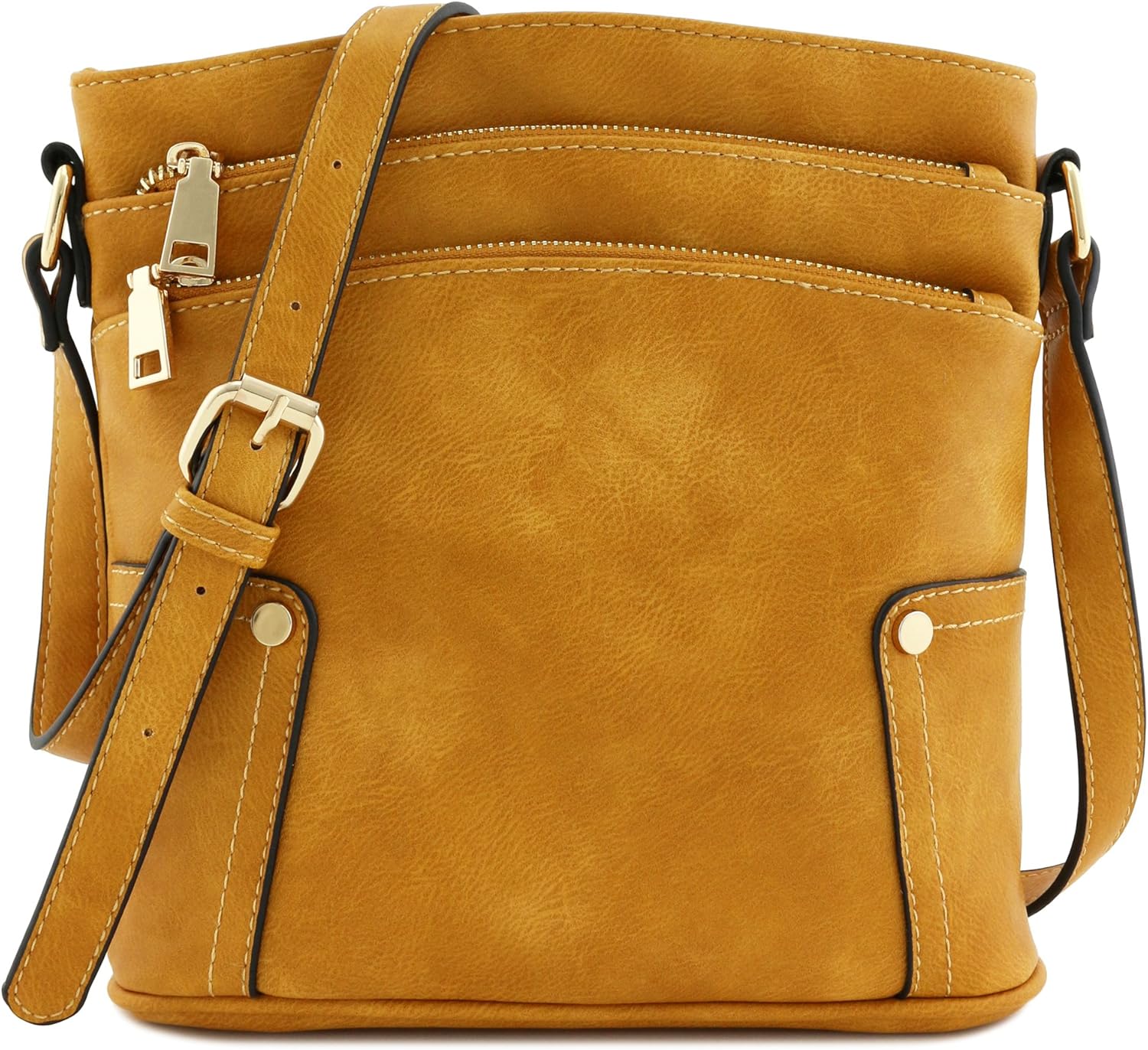 Triple Zip Pocket Medium Crossbody Bag (Mustard) Handbags