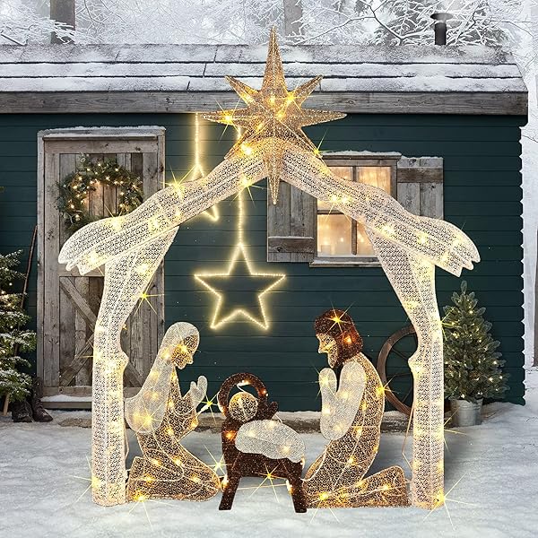 HOURLEEY 4FT LIGHTED CHRISTMAS NATIVITY SCENE, CHRISTMAS OUTDOOR DECORATIONS WITH 120 COUNT PRE-LIT WARM WHITE LIGHTS, HOLY FAMILY FOR XMAS OUTSIDE YARD GARDEN HOLIDAY DECOR