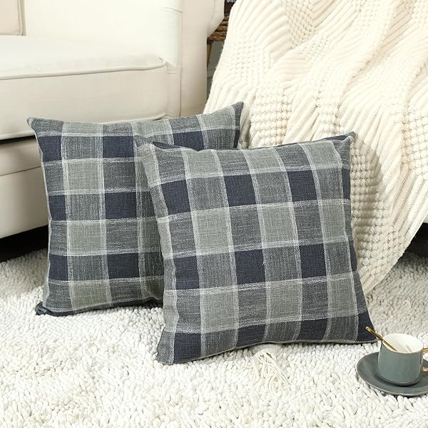 STELLHOME PACK OF 2 LINEN BUFFALO CHECK THROW PILLOW COVERS, FARMHOUSE PLAID DECORATIVE CUSHION COVERS FOR COUCH SOFA LIVING ROOM, 24X24 INCH, DARK GREY