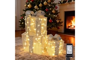 Lomotech Set of 3 Christmas Lighted Gift Boxes - Prel-Lit Gift Boxes with Timer, Lighted Christmas Presents for Xmas Tree, Yard, Holiday, Indoor Christmas Decorations(Silver Bow, Small)