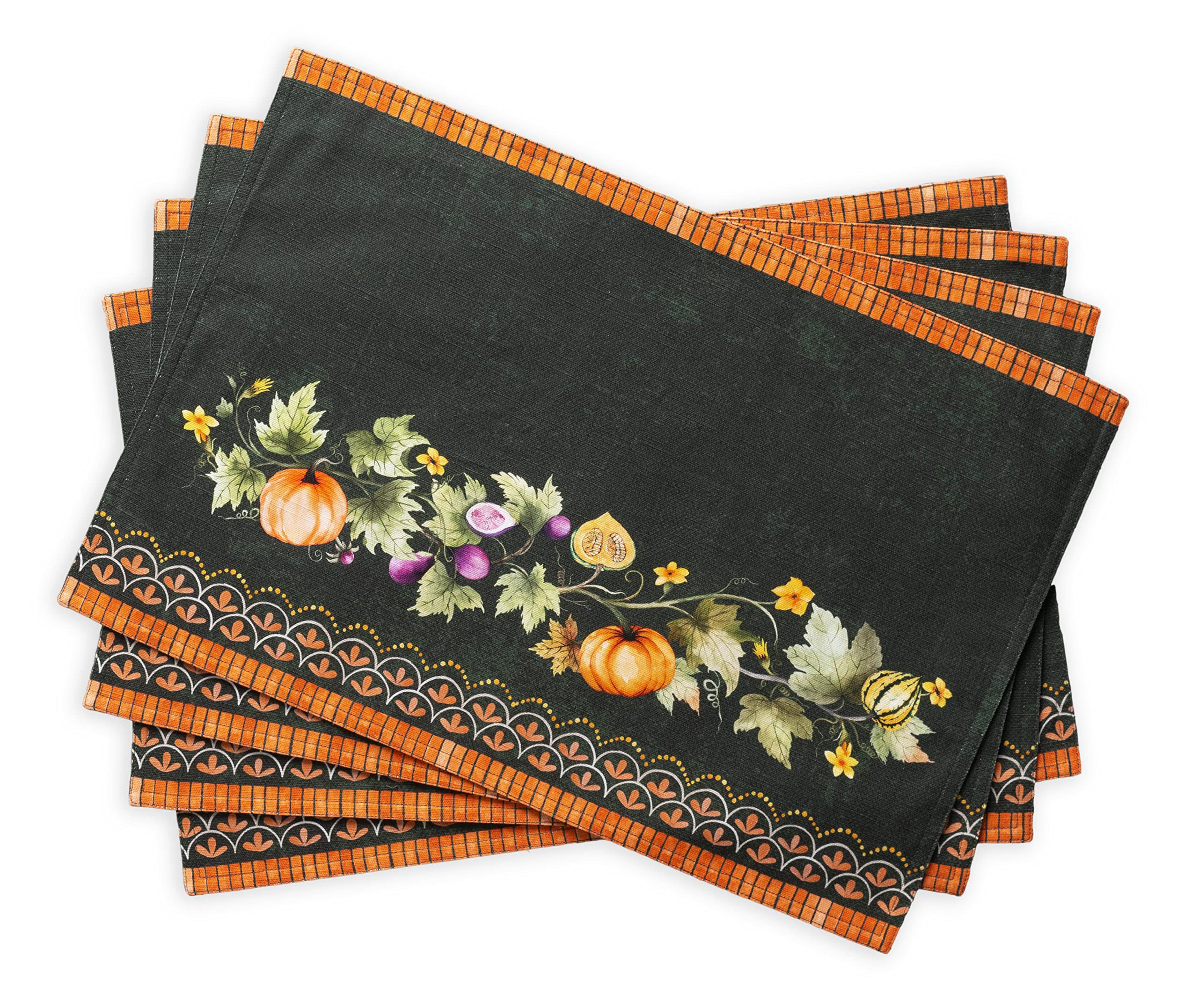 Maison d' Hermine Placemats Set of 4 100% Cotton Washable Cloth Place Mats, Reusable Table Mats for Christmas Decorations Kitchen Dining Party Restaurant (Pumpkin Garden - Dark Green, 33 CM x 48 CM)