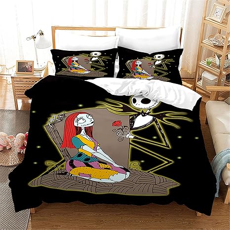 Amazon Com Lianai Jack And Sally Halloween Bedding Set Queen Size For Kids Boys Girls Nightmare Before Christmas Duvet Cover Set 3 Piece 1 Duvet Covet 2 Pillowcases No Comforter Home Kitchen