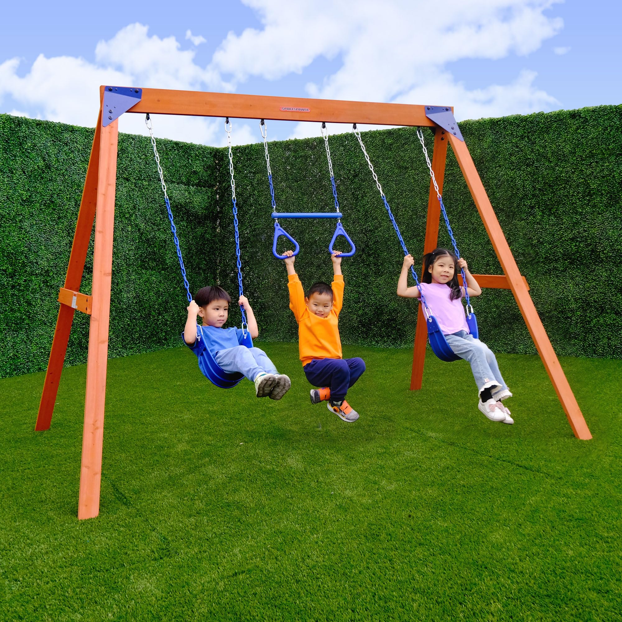 Photo 1 of Sportspower™ Kingston Wooden Swing Set: 2 Height Adjustable Swings and Trapeze Swing Bar, Backyard Outdoor Playset for Kids