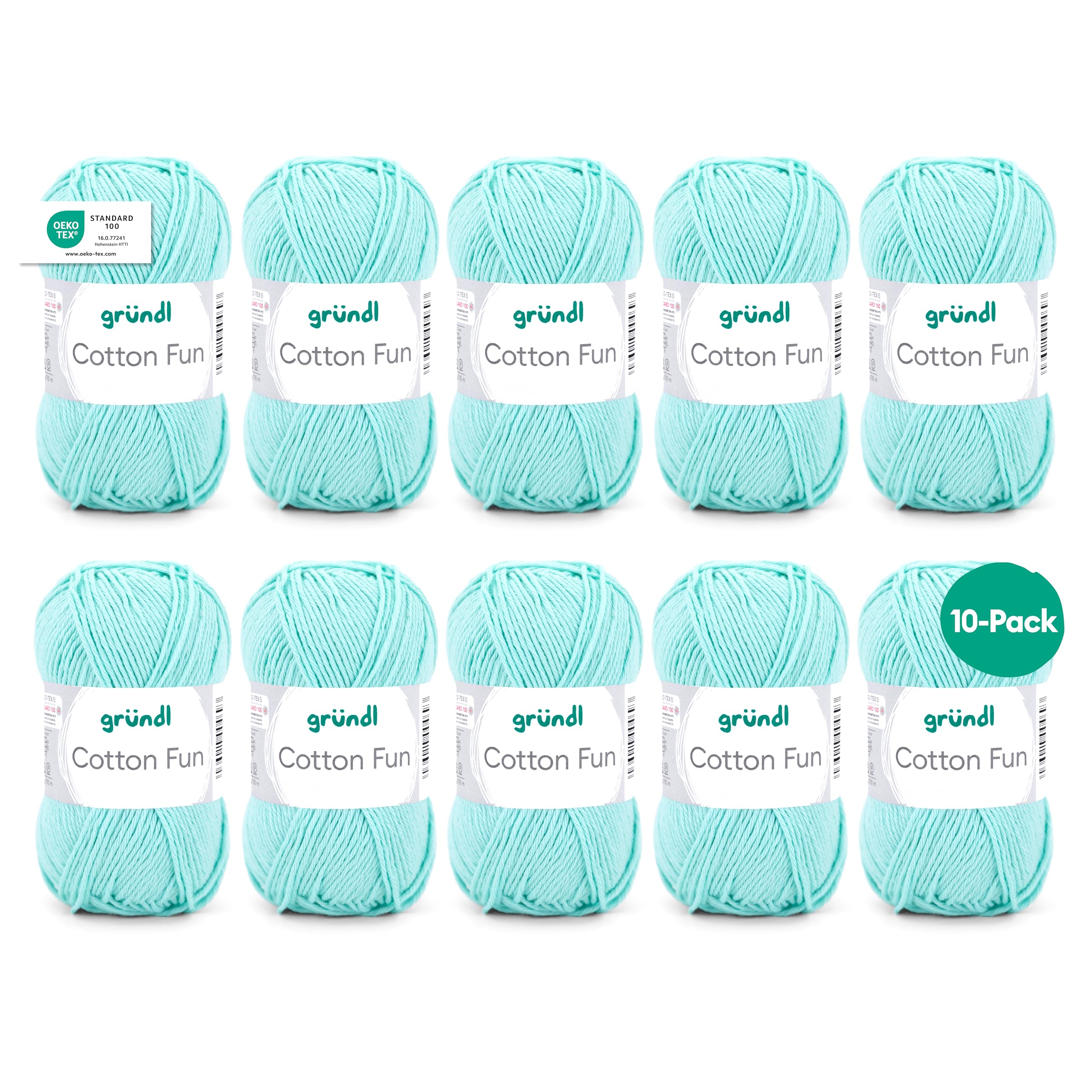 Gründl Wool Cotton Fun - Wool for Crocheting - Knitting Yarn - Crochet Yarn - Easy Care and Skin Friendly - 100% Cotton - 10 Balls 50 g / 115 m - Needle Size 3-4 - Mint