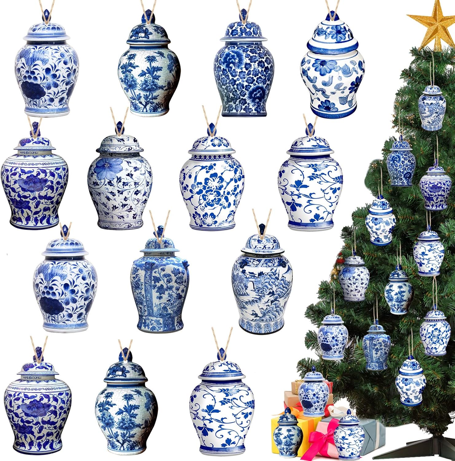 Nutcrackers - 40 Pieces Christmas Ginger Jar Ornaments Christmas Chinoiserie Hanging Decor Blue and White Porcelain Christmas Wooden Decor Hanging Chinoiserie Christmas Ornaments for Xmas Tree Decor (Ginger Jar)