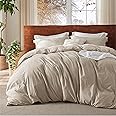 Bedsure 100% Washed Cotton Duvet Cover Queen - Beige Minimalist Cotton Duvet Cover Set Linen Like - 3 Pieces GentleSoft™ Plain Simple Bedding Set with 2 Pillow Shams (Beige, Queen, 90"x90")