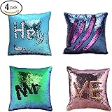 Wonder4 Pillow Case Sequins Cushion Cover 4Pack Reversible Mermaid Throw Pillow Case Color Changing Sequins Standard Cotton for Couch Decoration (Purple/Pink/Navy Blue/Light Blue) 16 x 16 inches