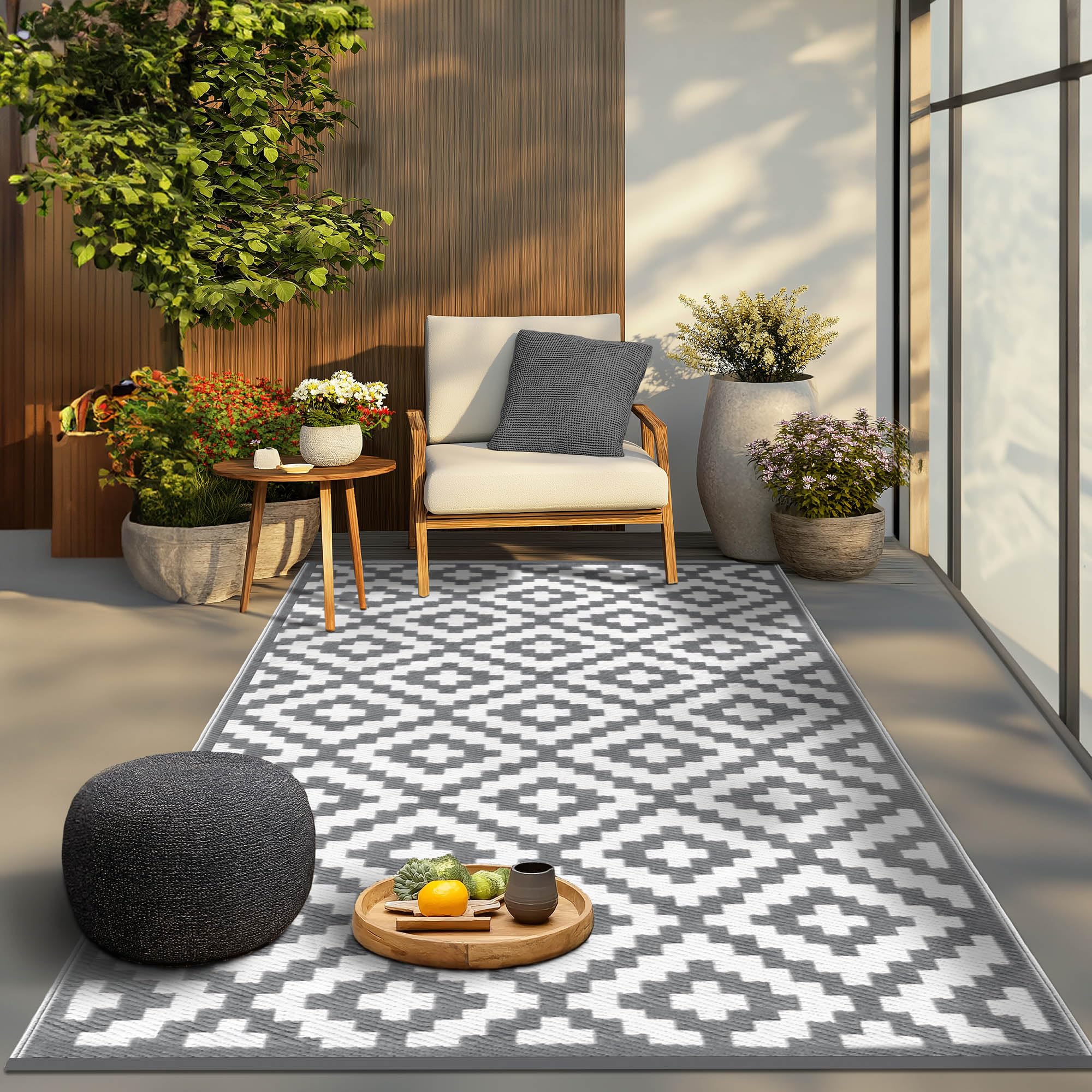 Green Decore Reversible Recycled Plastic Outdoor Rug | Perfect for Garden, Patio, Picnic, Decking | Stain And Water Resistant | Nirvana Grey/White 120x180 cm