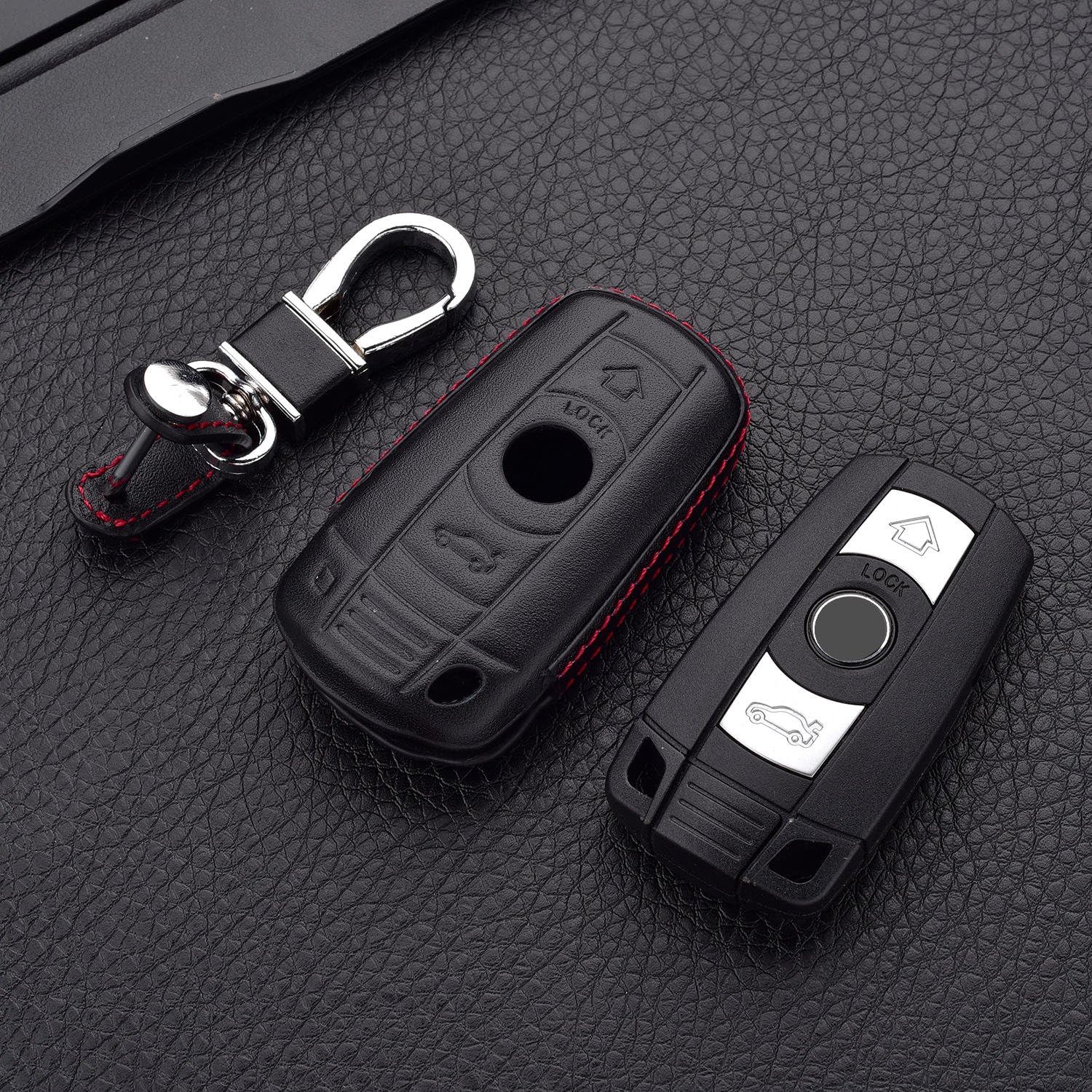 M.JVisun Genuine Leather Case Cover for BMW 3 Series 5 Series 6 Series M3 M5 X1 X5 X6 Z4 Key Car Key with Key Ring - Leather - Black - Image 5