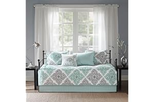 Madison Park Daybed Cover Set - Double Sided Quilting Casual Design, All Season Bedding with Bedskirt, Matching Shams, Decorative Pillow, 75"x39", Diamond Aqua 6 Piece