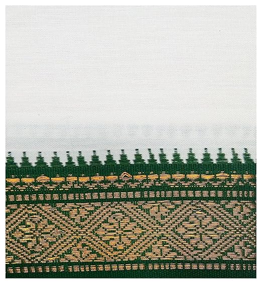 com 100% pure Handloom Cotton White With Green Zari Border - 3.6 metres