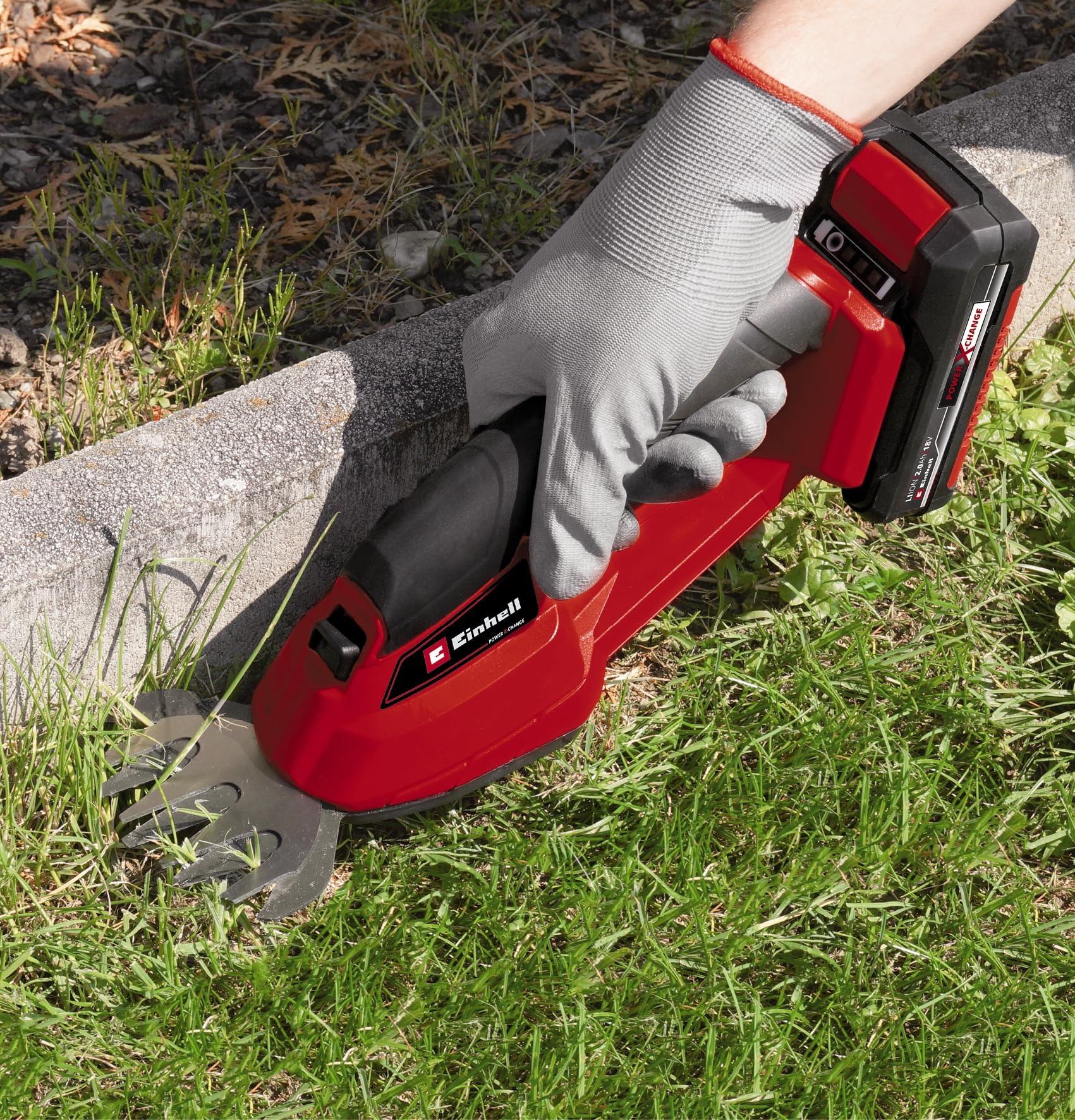 Einhell Akku-Gras- und Strauchschere GC-CG 18 Li-Solo Power X-Change (18 V, 100 mm / 200 mm Schnittlänge, wechselbares Grasschneideblatt + Strauchmesser, ohne Akku) 3