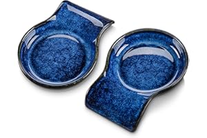 LOVECASA Spoon Rest for Stove Top, Stoneware Spoon Holder for Kitchen Counter, 5.5 Inch Spatula Holder Cooking Utensil Rest, Blue Coffee Spoon Rests 2 PCS